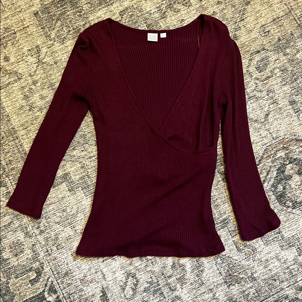 Twik Burgundy Ribbed V-Neck Top